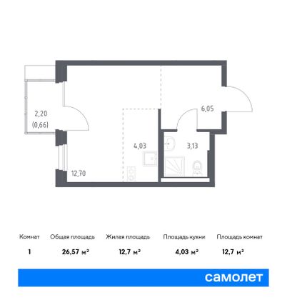 26,6 м², студия, 6/9 этаж