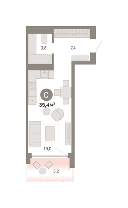 35,4 м², студия, 14/25 этаж