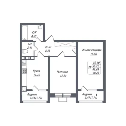 Продажа 2-комнатной квартиры 60,2 м², 8/8 этаж