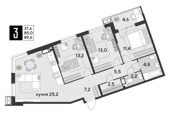 Продажа 3-комнатной квартиры 89,6 м², 16/18 этаж