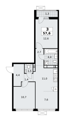 57,6 м², 3-комн. квартира, 14/14 этаж