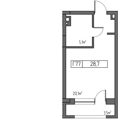 28,7 м², 1-комн. квартира, 7/7 этаж