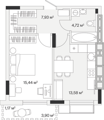 42,8 м², 1-комн. квартира, 7/7 этаж