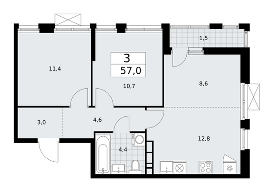 57 м², 3-комн. квартира, 9/18 этаж