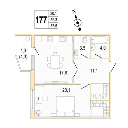 Продажа 1-комнатной квартиры 57,8 м², 2/8 этаж