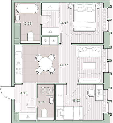 55,7 м², 2-комн. квартира, 2/12 этаж