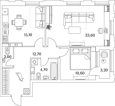 70,3 м², 2-комн. квартира, 7/13 этаж