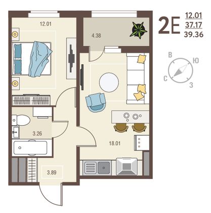 39,4 м², 1-комн. квартира, 2/18 этаж