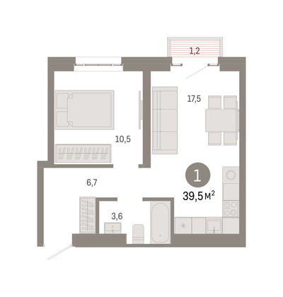 39,5 м², 1-комн. квартира, 28/31 этаж