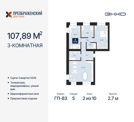 107,9 м², 3-комн. квартира, 2/10 этаж