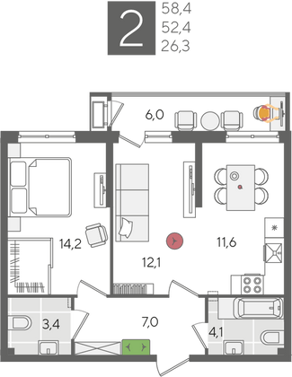 Продажа 2-комнатной квартиры 58,4 м², 2/24 этаж