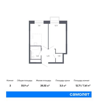 33,9 м², 2-комн. квартира, 21/22 этаж