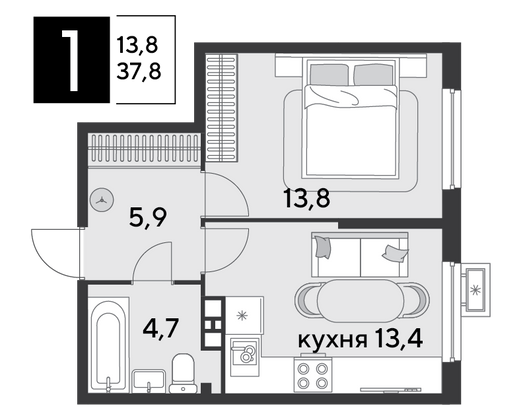 Продажа 1-комнатной квартиры 37,8 м², 2/18 этаж