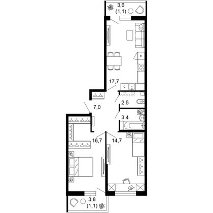 64,2 м², 2-комн. квартира, 1/12 этаж