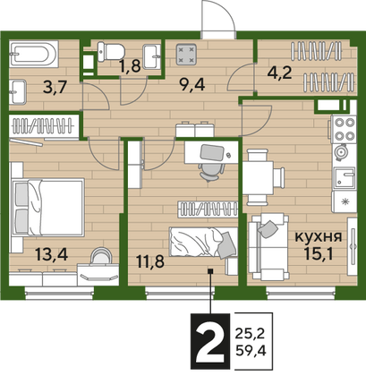 Продажа 2-комнатной квартиры 59,4 м², 16/19 этаж