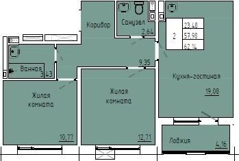 60,1 м², 2-комн. квартира, 1/4 этаж