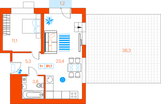 81,1 м², 1-комн. квартира, 9/21 этаж