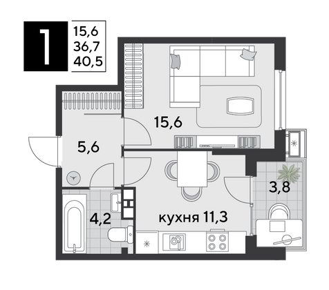 Продажа 1-комнатной квартиры 40,5 м², 6/9 этаж