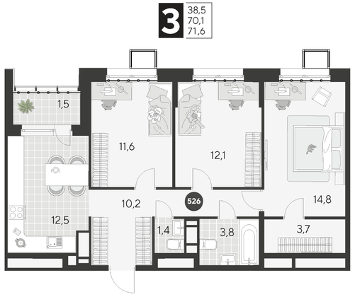 Продажа 3-комнатной квартиры 71,6 м², 11/21 этаж