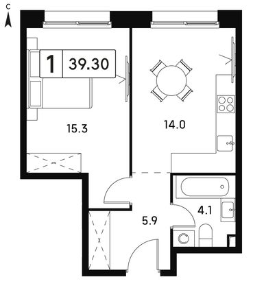 39,3 м², 1-комн. квартира, 2/23 этаж