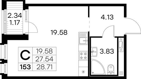 28,7 м², студия, 2/15 этаж