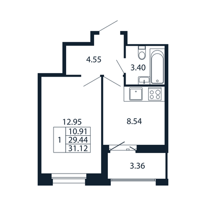 31,1 м², 1-комн. квартира, 10/12 этаж