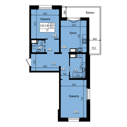 77 м², 2-комн. квартира, 6/23 этаж