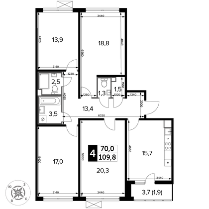 109,8 м², 4-комн. квартира, 2/14 этаж