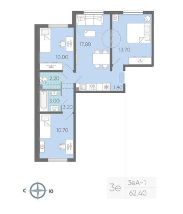 Продажа 3-комнатной квартиры 62,4 м², 1/16 этаж