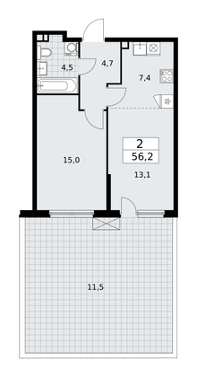 56,2 м², своб. планировка, 2/17 этаж