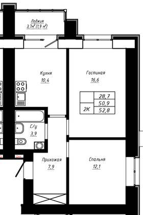Продажа 2-комнатной квартиры 52,8 м², 4/16 этаж