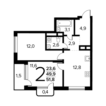 Продажа 2-комнатной квартиры 51,8 м², 4/14 этаж