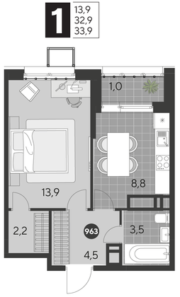 Продажа 1-комнатной квартиры 33,9 м², 13/21 этаж