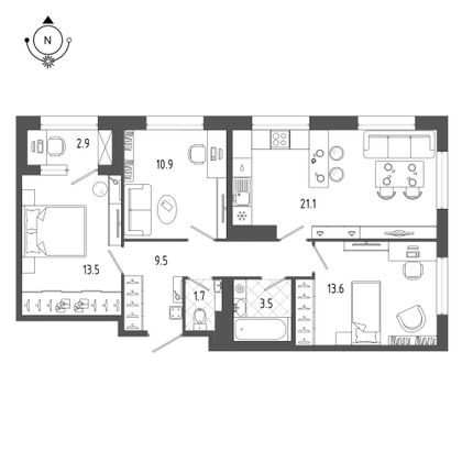 75,2 м², 3-комн. квартира, 5/18 этаж