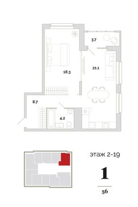 Продажа 1-комнатной квартиры 56 м², 4/18 этаж
