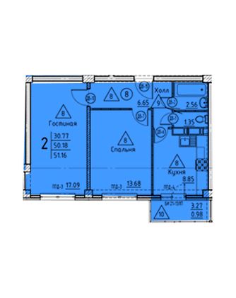 51,2 м², 2-комн. квартира, 2/18 этаж