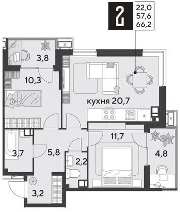 Продажа 2-комнатной квартиры 66,2 м², 4/18 этаж