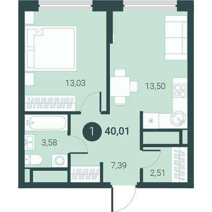 40 м², 1-комн. квартира, 10/14 этаж