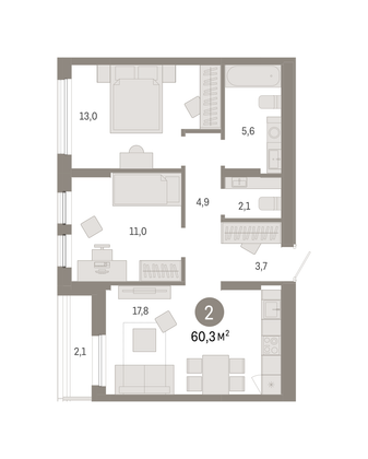 Продажа 2-комнатной квартиры 60,3 м², 9/9 этаж