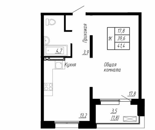 41,4 м², 1-комн. квартира, 9/17 этаж