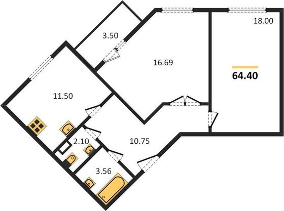 Продажа 2-комнатной квартиры 64,4 м², 5/15 этаж