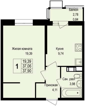 Продажа 1-комнатной квартиры 38,1 м², 2/6 этаж