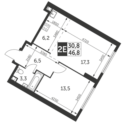 46,8 м², 2-комн. квартира, 44/47 этаж