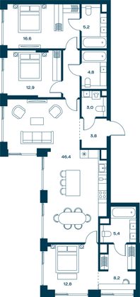 122,9 м², 3-комн. квартира, 23/29 этаж