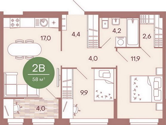 Продажа 2-комнатной квартиры 58 м², 2/17 этаж