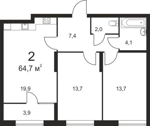 64,7 м², 2-комн. квартира, 2/25 этаж