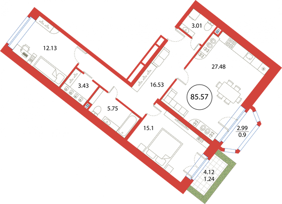 85,6 м², 2-комн. квартира, 2/12 этаж