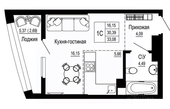 Продажа квартиры-студии 33,1 м², 12/26 этаж