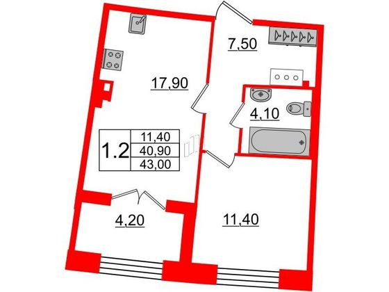 Продажа 1-комнатной квартиры 40,9 м², 3/8 этаж