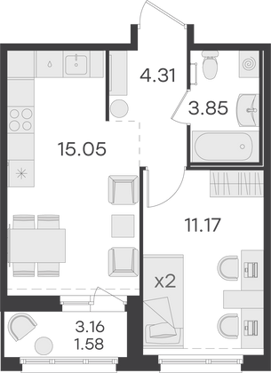 36 м², 1-комн. квартира, 12/15 этаж